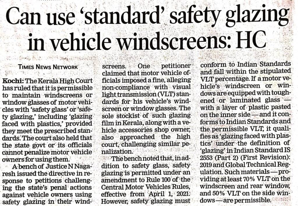 Kerala High Court Permits Use of 'Standard' Safety Glazing for Vehicle Windscreens